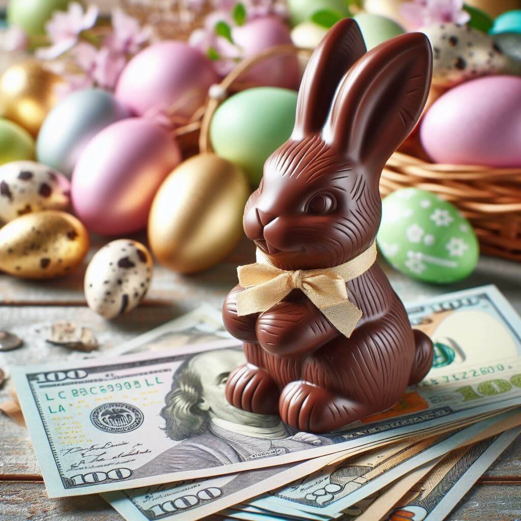 um coelho da páscoa de chocolate em cima de notas de dinheiro