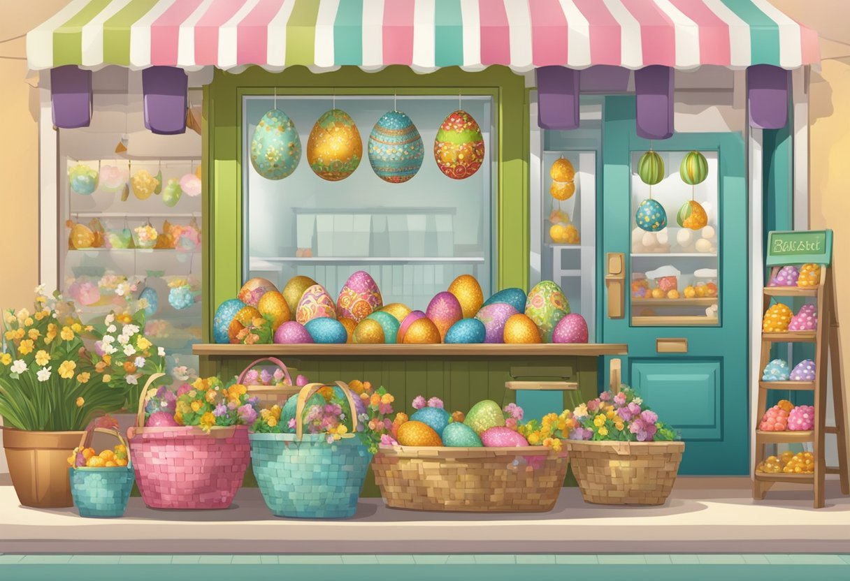 Um mercado festivo de Páscoa com exposições coloridas de chocolates, ovos e decorações. Uma placa anuncia "Ganhando Renda Extra na Páscoa" com dicas e conselhos de planejamento