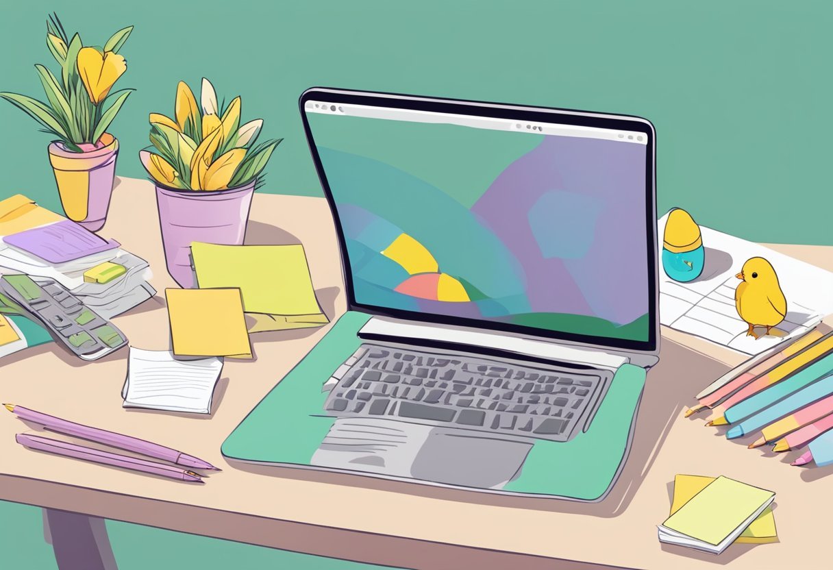 Uma mesa com decorações coloridas de Páscoa, uma agenda e um laptop. Um post-it com "Renda Extra na Páscoa" escrito