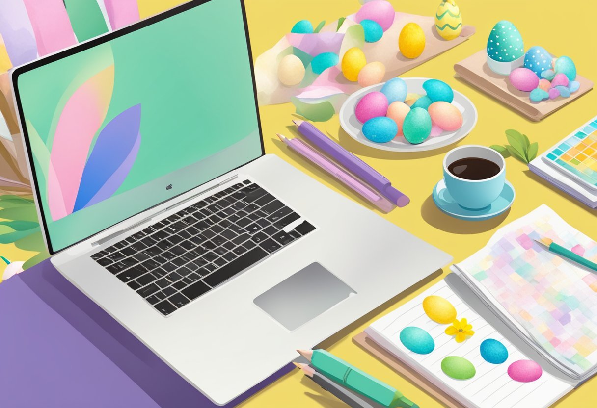 Uma mesa com artesanato com tema de Páscoa, um planejador e um laptop aberto em uma postagem de blog sobre como ganhar renda extra durante a Páscoa
