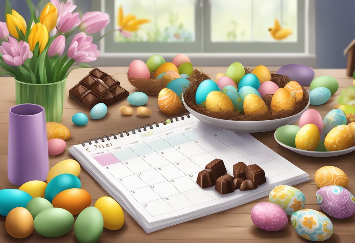 Cena festiva de Páscoa com mesa recheada de chocolates caseiros, ovos coloridos e um calendário com plano de renda extra