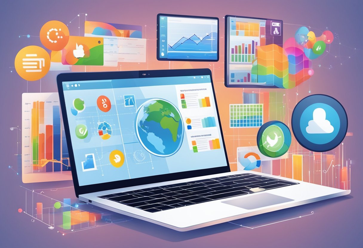 Um laptop com diversas plataformas econômicas e ícones de mídia social exibidos na tela, cercados por gráficos e tabelas, representando a integração entre tecnologia e economia