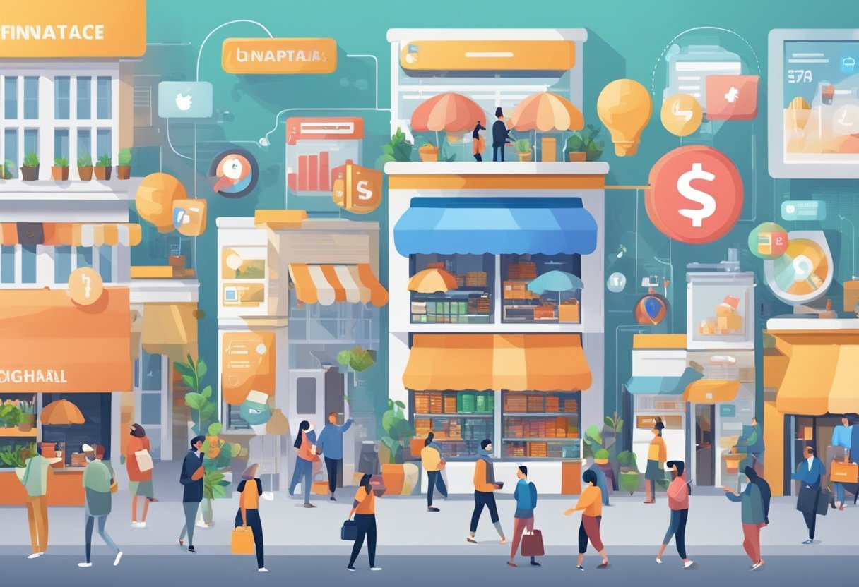 Um mercado digital movimentado com vários aplicativos financeiros e plataformas de mídia social conectando pessoas em todo o mundo, trocando bens, serviços e consultoria financeira