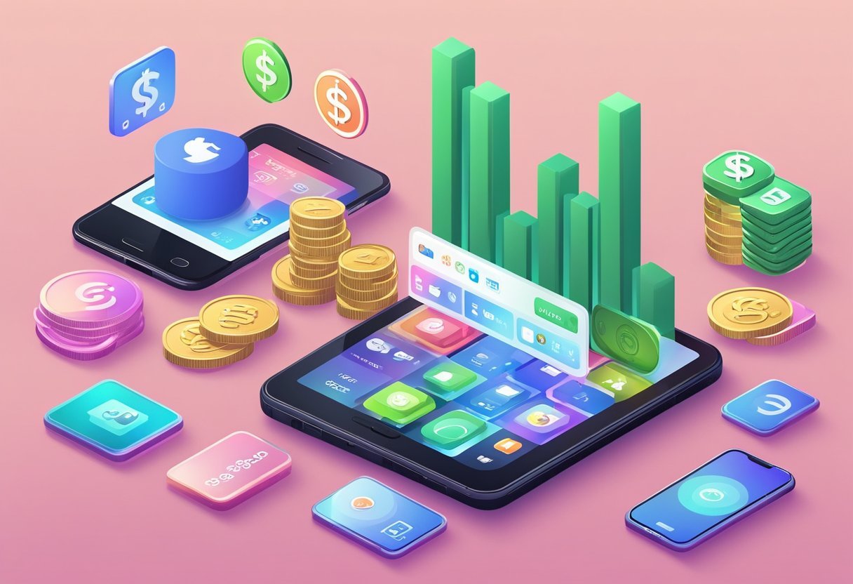 Um smartphone exibindo vários aplicativos e plataformas de mídia social para economizar dinheiro. Gráficos e tabelas mostram o progresso da poupança. Tecnologia auxilia na gestão financeira